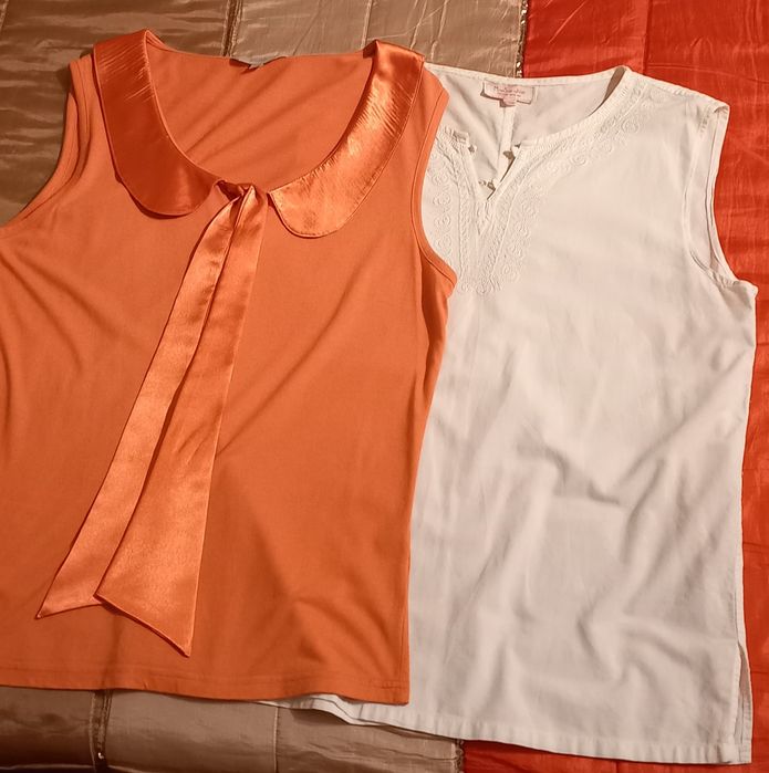 2 Blusas, 1 branca de algodão tipo túnica, outra laranja, ambas cavas