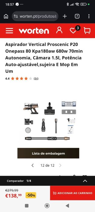 Aspirador vertical Proscenic P20 OnePass 80 como novo
