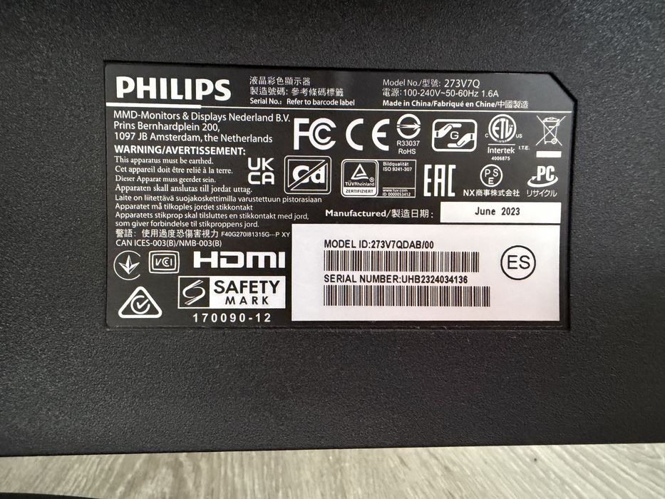 Monitor Philips 273V7Q 27Cali Led Ips hdmi VGA 1920x1080p Full HD