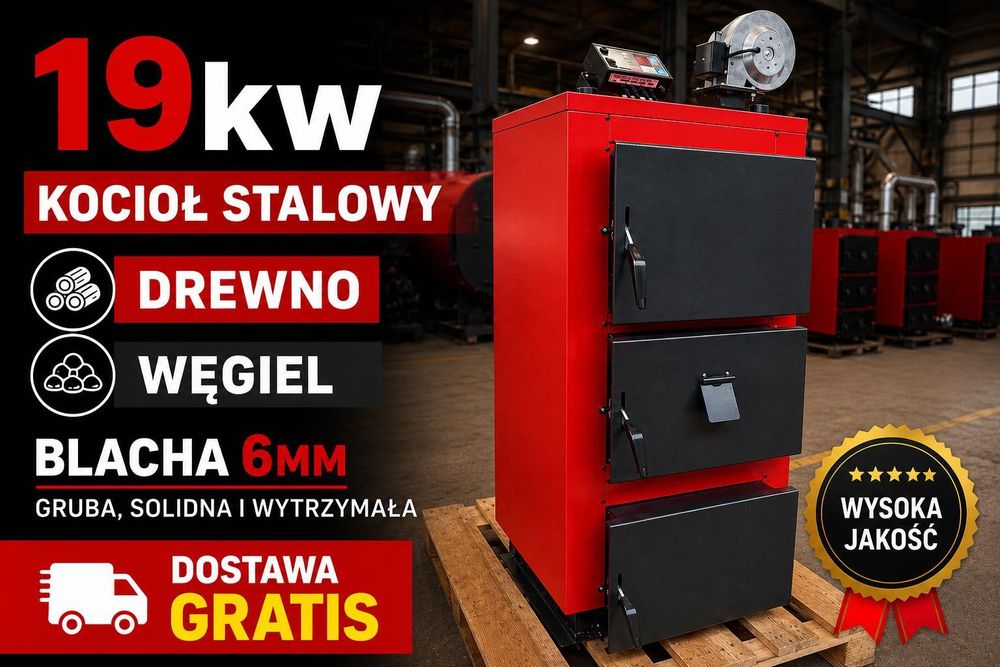 Kocioł Piec C.O. 19kW na drewno i węgiel, PRODUCENT Pleszew Dostawa 48h 35lat w branży