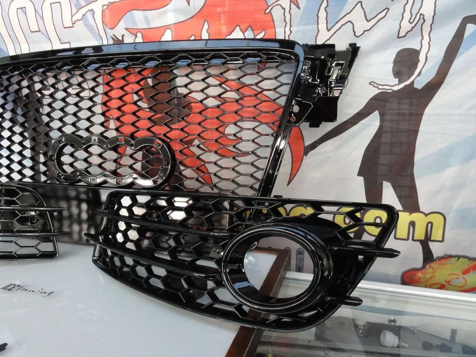 Grelha frontal + grelhas faróis nevoeiro para Audi A4 B8 08-11 com para-choques Sline RS LOOK preto brilhante com suporte para símbolo