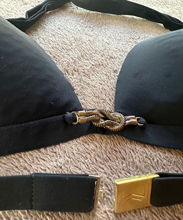 Czarny stanik bikini glamour 80C złoty łańcuch wiązane trójkąt