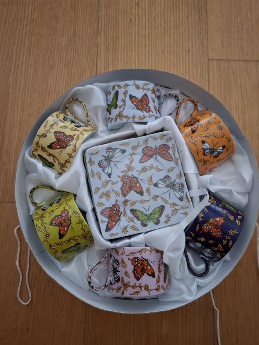 Serviço de café e chá colorido  com borboletas