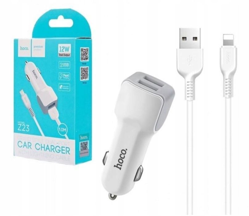 Biała ładowarka samochodowa 2x USB + gratis kabel USB do iPhone