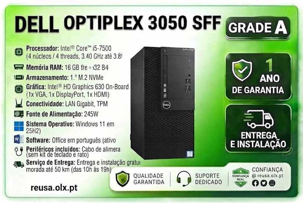 Desktop DELL Optiplex 3050 | i5-7500 | 7.ª G | 16GB RAM | NVMe 256GB + HDD 500GB | WiFi | W11