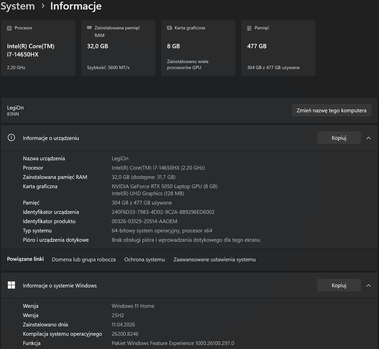 Lenovo Legion 5 pro i7-14/32gb ram/rtx5050/ssd