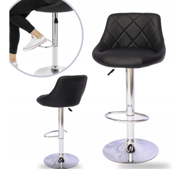 Hoker 1 Krzesło Barowe Obrotowe Skóra Loftowy Czarny Pikowany Stołek