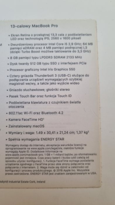 Macbook Pro 13 2016 Touchbar 512GB A1706 stan idealny