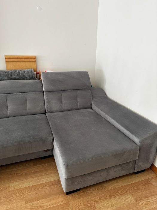 Sofá Chaise Longue Cinzento com Baú e Assentos Extensíveis