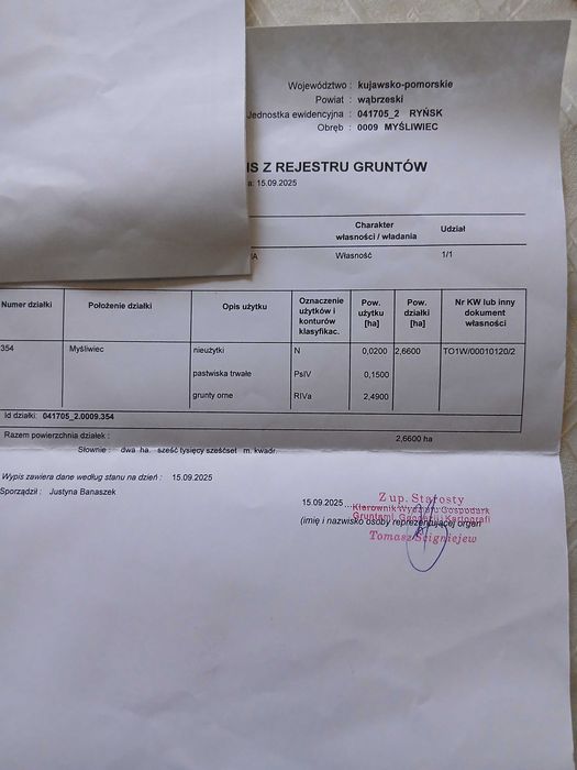 Ziemia rolna 2,66 ha w Myśliwcu gmina Ryńsk