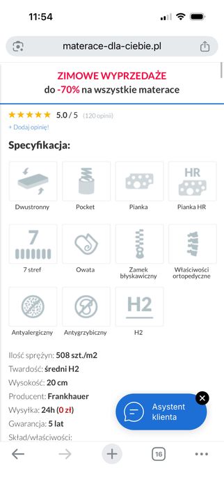 Sprzedam materac 120x200cm Minos