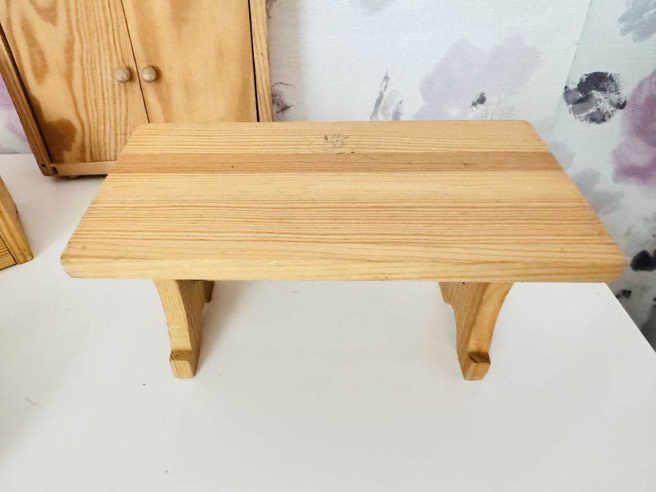 Drewniane mebelki do domku dla lalki/Maileg,szafa,stół,ławka retro