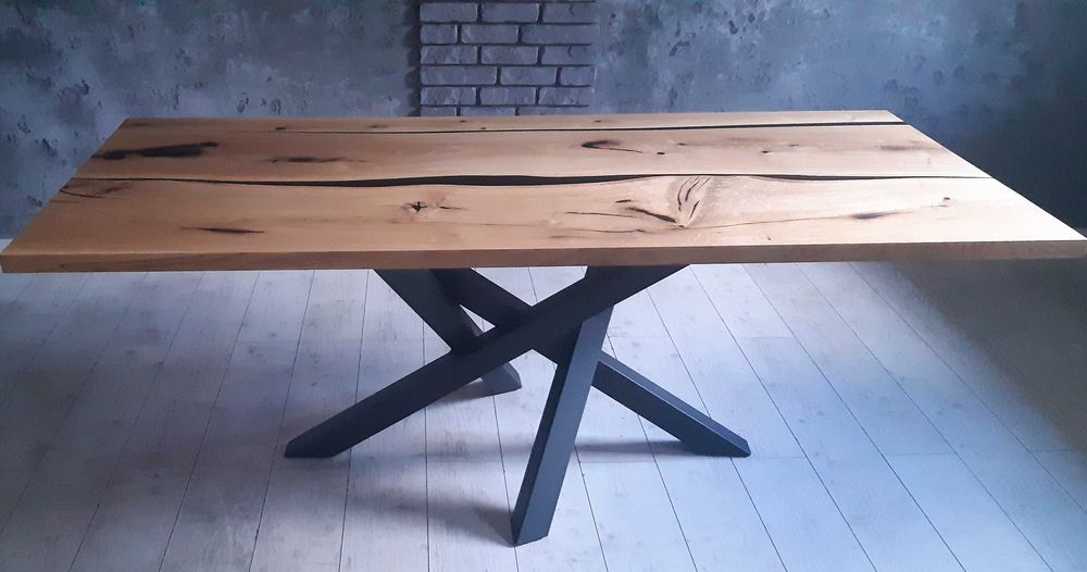GOTOWY! Stol dębowy z żywicą , loft. Piękny.