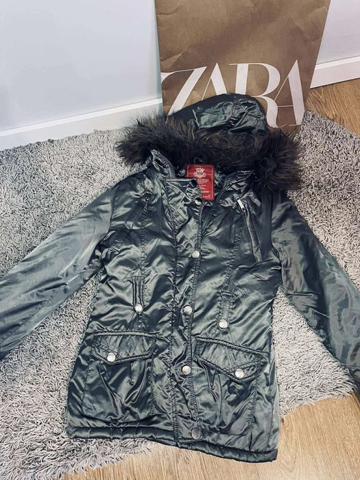 Piękna szara khaki kurtka s 36 ocieplana zimowa