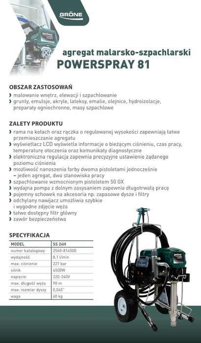 Agregat malarsko-szpachlarski do gładzi Power Spray 81 4500W Grone