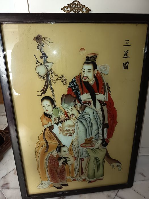 Quadro Antigo Chinês – Pintura em Vidro Invertido – Deuses Sanxing