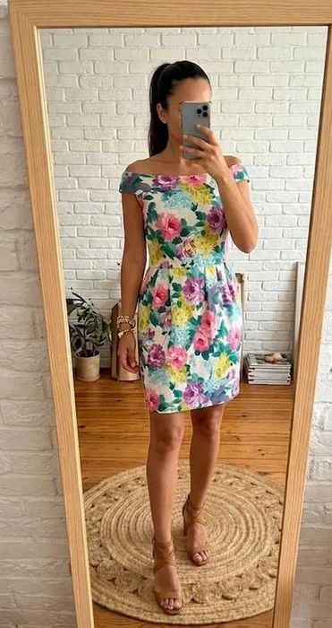 Sukienka w kwiaty New Look 40 L dekolt bardot tulipan wesele retro