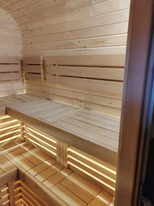 SAUNA Ogrodowa beczka 4m + GRATIS: balia do schłodzenia+LED - z piecem
