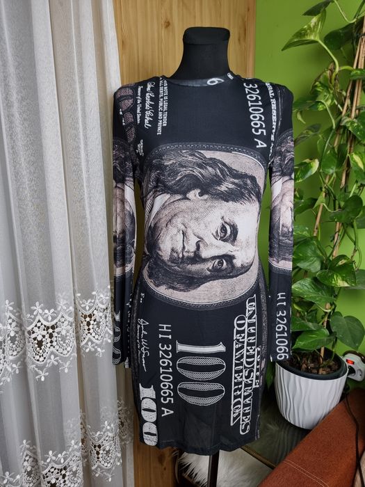 Siateczkowa sukienka motyw dolara mgiełka bodycon M 38