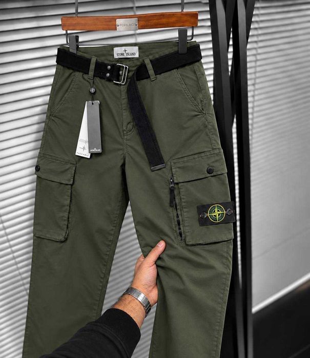 Штани карго Stone Island з поясом / Чоловічі брюки хакі та сірі (30-38)