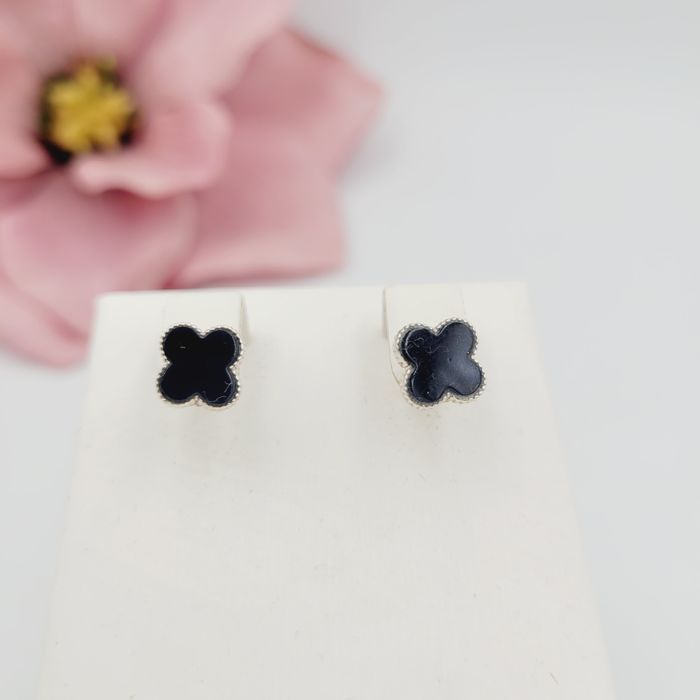 Srebrne kolczyki pr.925 koniczynki onyks czarny