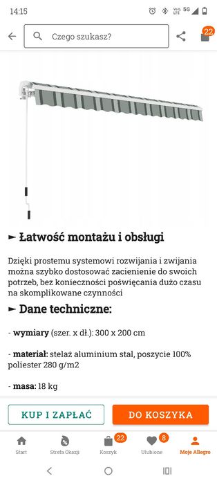 Markiza 3mx2m stelaż aluminium + poszycie poliester