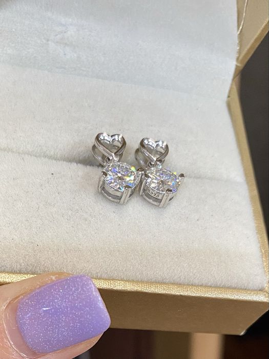 Срібні сережки з діамантами муасанітами 1ct+1ct. Сертифікат!