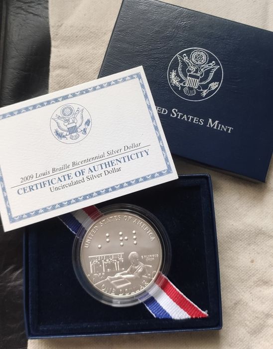 США 1 долар 2009р. " Луї Брайль" СРІБЛО. Сертифікат.