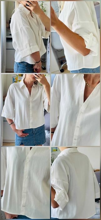 Zara koszula damska wiskozowa ecru XS S M oversize krótki rękaw minimalistyczna basic