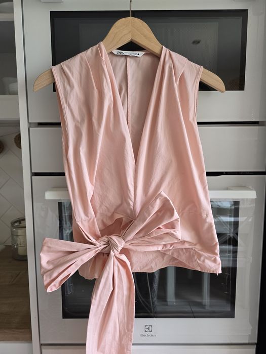 Bluzka bawełniana ZARA wiązana pudrowy róż elegancka