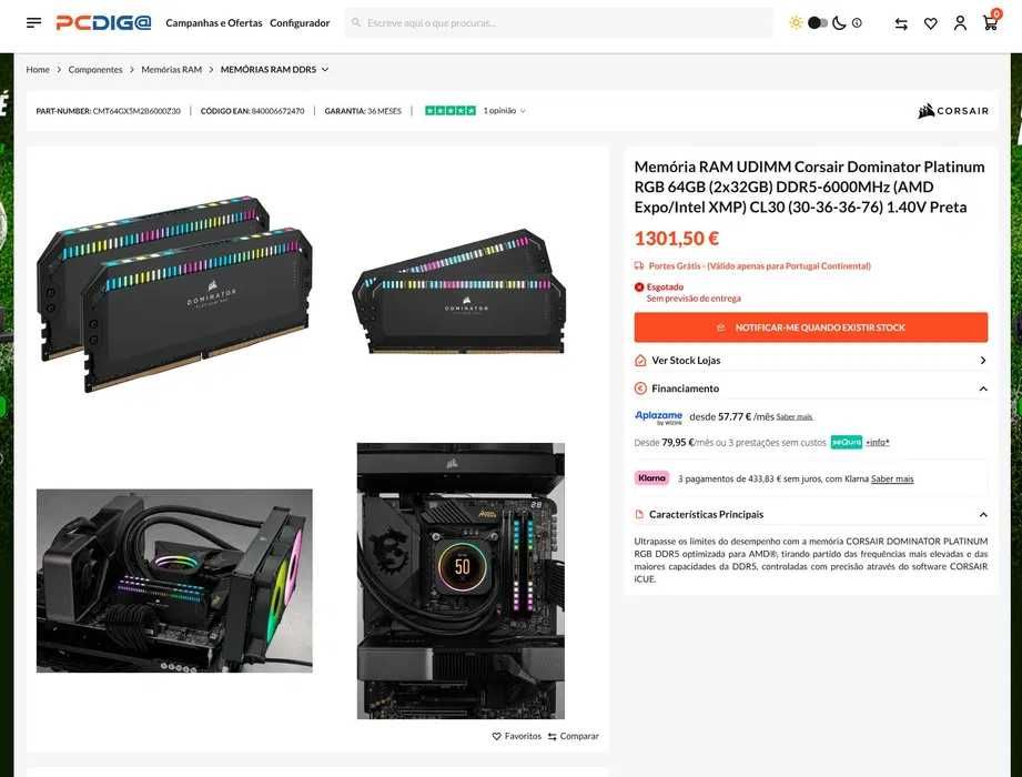Corsair Dominator Platinum RGB 64GB (2x32GB) DDR5-6000MHz (AMD Expo/Intel XMP) CL30