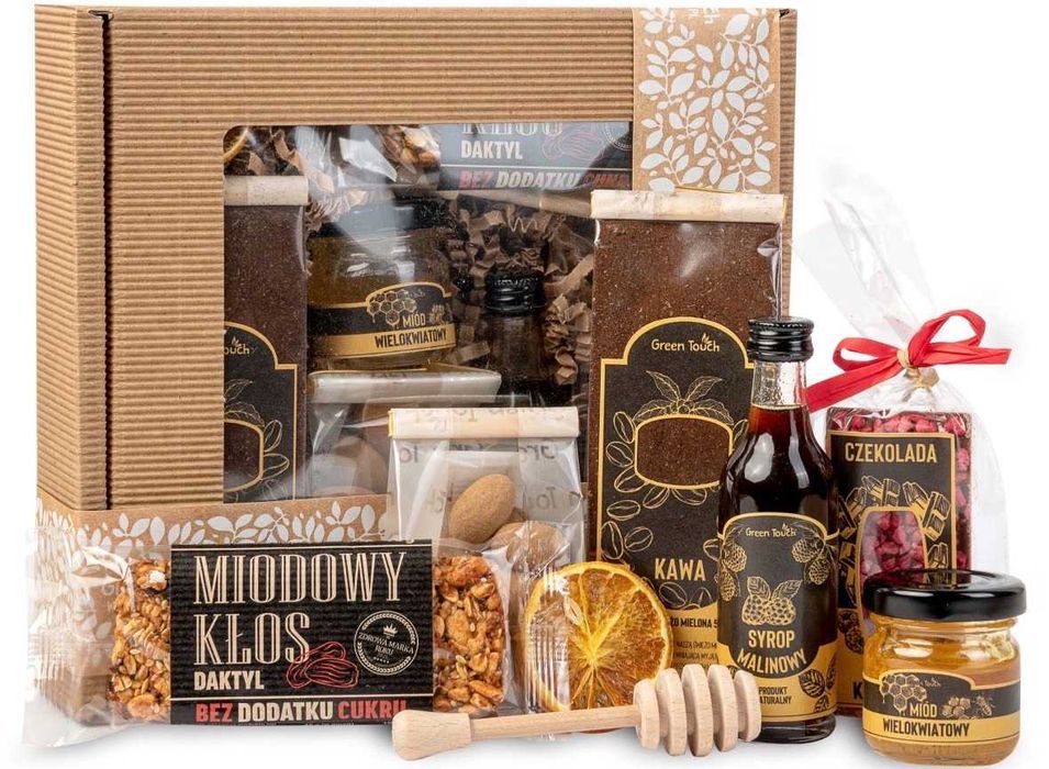 Zestaw Prezentowy Box Kawa Miód Syrop Czekolada Baton Migdały Kraft
