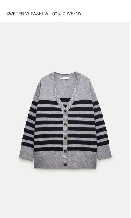 ZARA Sweter szary rozpinany kardigan w paski oversize 100 % wełna M
