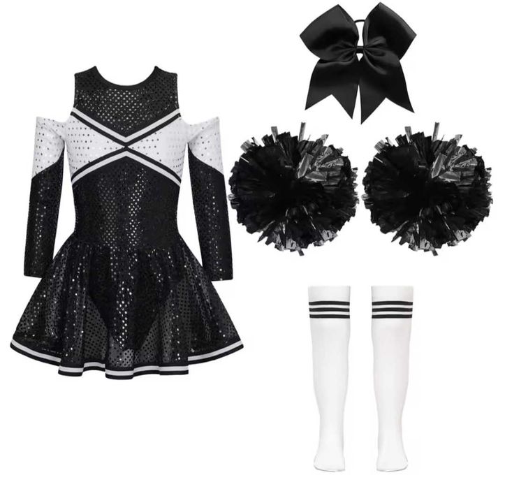 Kostium cheerleaderki nowy 5-6lat czarno biały z cekinami strój