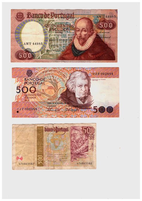 lote de 6 Notas de 500$00, 100$00, 50$00 e 20$