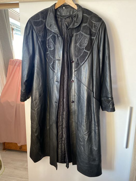 Płaszcz ze skóry naturalnej vintage czarny dlugi plaszcz gothik 40