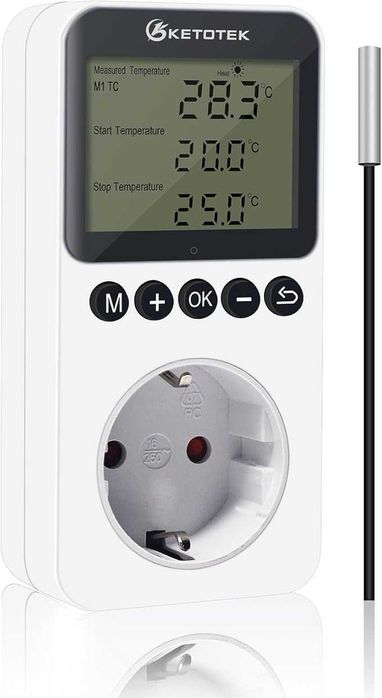 KETOTEK Cyfrowy termostat, przewód 3m, gniazdko 220V, timer, regulator