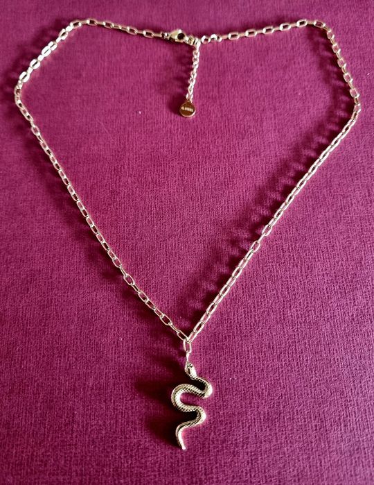 Colar dourado, em aço, com pingente em formato cobra. Tem extensor