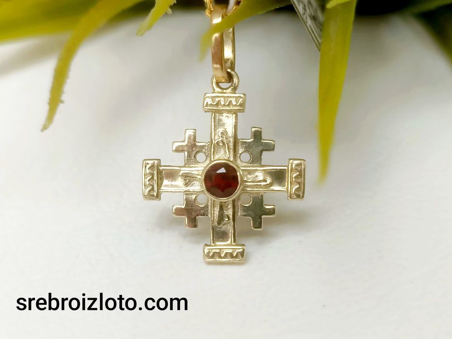 Krzyżyk złoty z naturalnym granatem