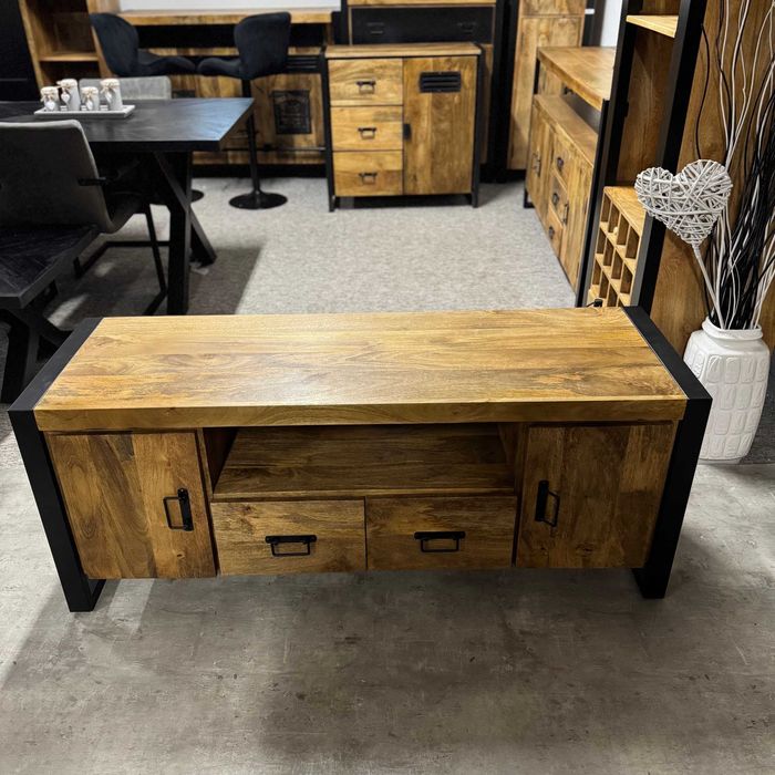 Loftowa szafka rtv egzotyczne drewno mango seria Britt 140cm nowa F-V