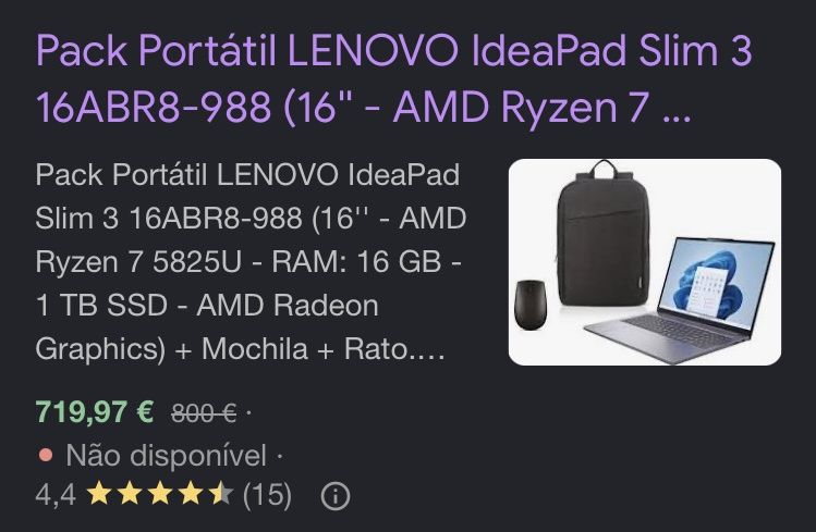 Pack Lenovo IdeaPad Slim 3 Mochila e Rato NOVOS (COM GARANTIA)