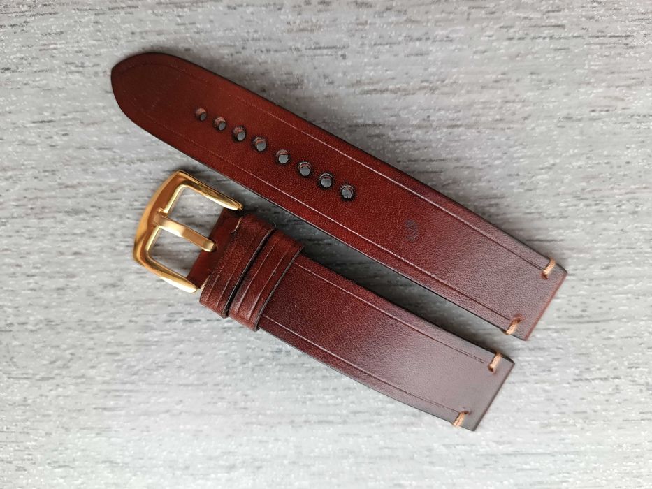 Mahoniowy skórzany pasek zegarka 20 mm złote dodatki M/L