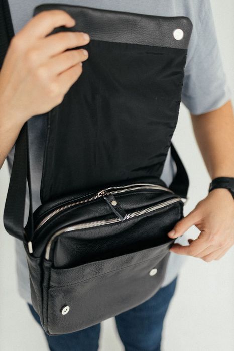 Шкіряна чоловіча сумка, чорна сумка на плече, барсетка зі шкіри
