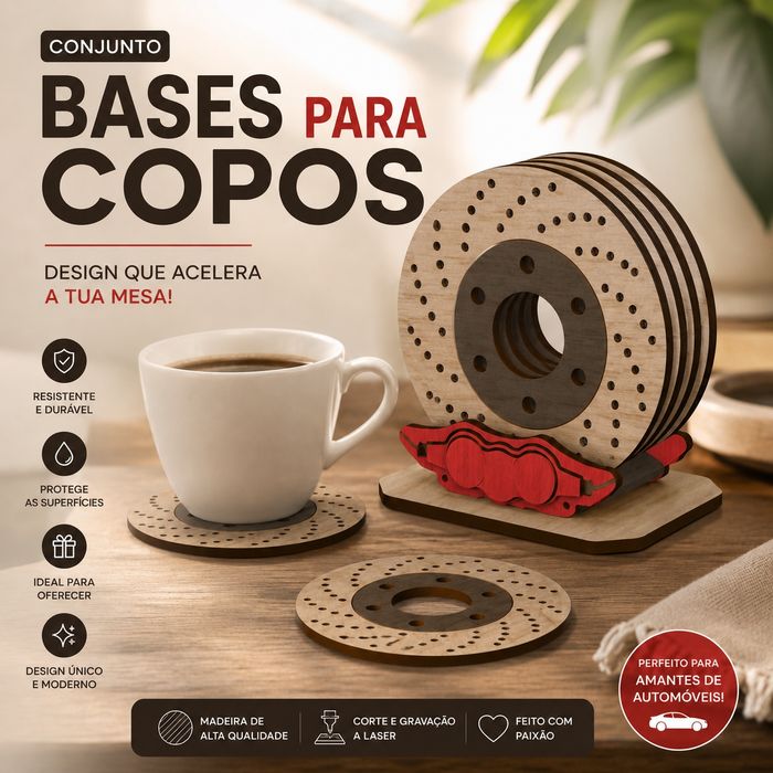 Bases para Copos em Madeira – Conjunto Disco de Travão