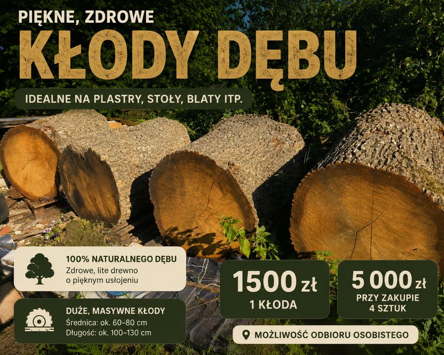 Dąb kłoda | zdrowe drewno na stoły, blaty i plastry | Duże średnice