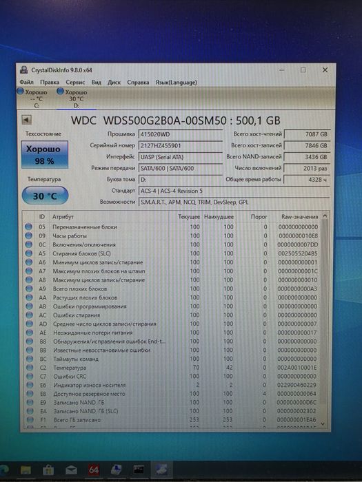 Ssd WD BLUE 500gb 98% Мала нароботка   sata3 Стан гарний Якісні Диск ссд для ноутбука або системного блока