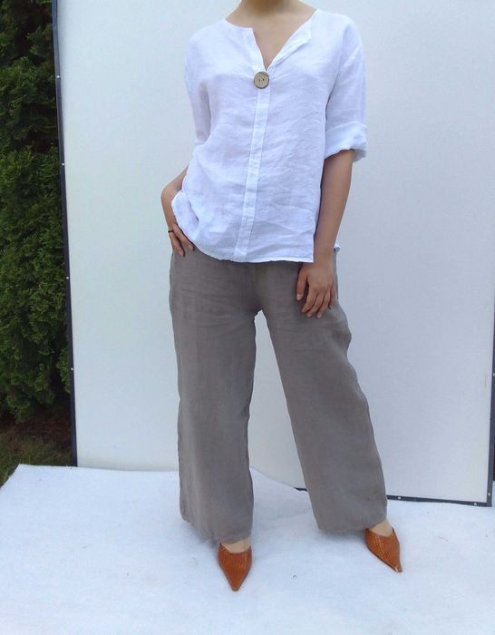 Lniany komplet szerokie spodnie koszula 100% len puro lino S M L uniwe