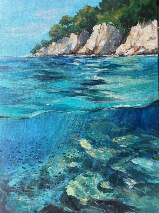 Ręcznie malowany obraz akrylowy - Morze Grecji - 30×40 cm