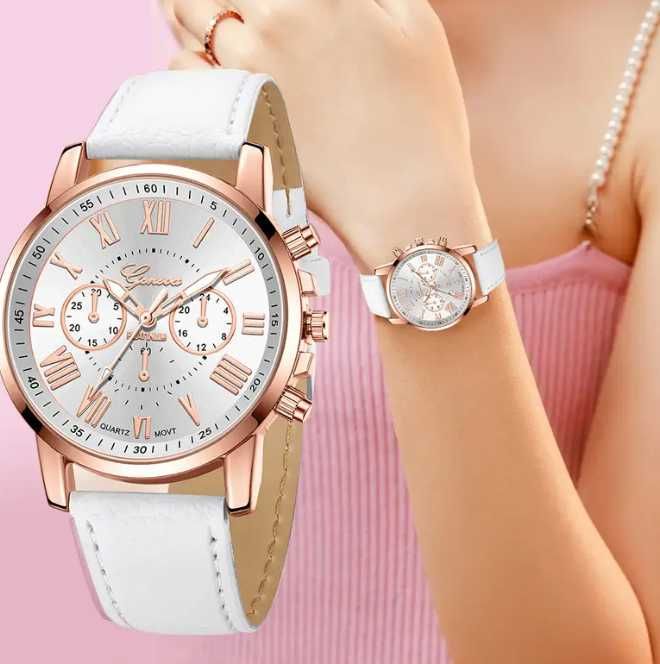 Zegarek damski na białym pasku z dodatkami