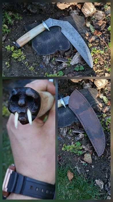 Ręcznie wykuty nóż/kosa/sierp.Knifemaking.Ręcznie rzeźbiona rękojeść.